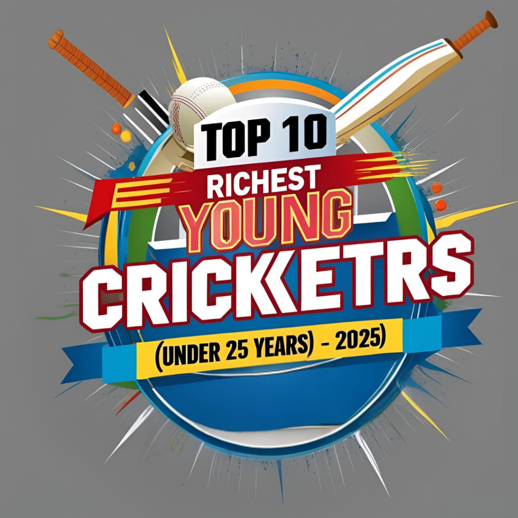 Top 10 Richest Young Cricketers under 25 in 2025 with cricket-themed design featuring bats and ball