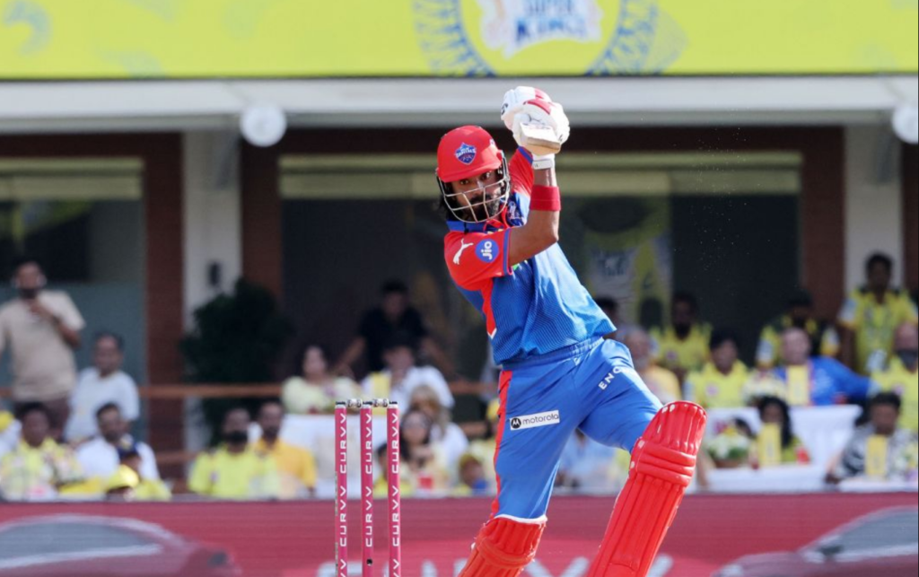 KL Rahul IPL 2025 – Delhi Capitals batter plays an aggressive shot during an IPL match against Chennai Super Kings.