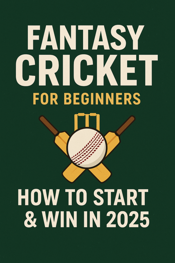 Fantasy Cricket illustrated poster showing crossed bats, a cricket ball, and stumps with bold text "Fantasy Cricket for Beginners: How to Start & Win in 2025" on a dark green background.