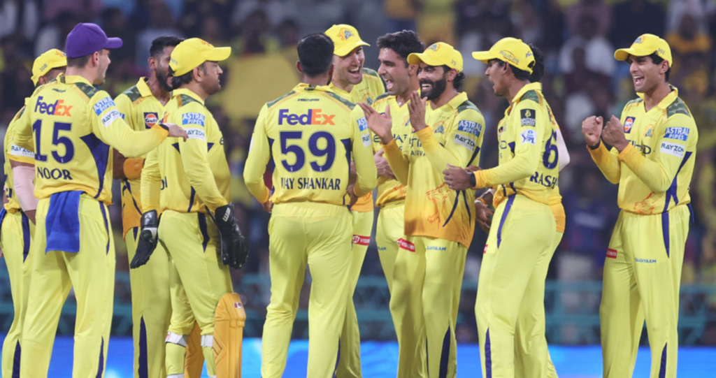 Chennai Super Kings Eliminated IPL 2025 squad gathers on field after crucial home defeat