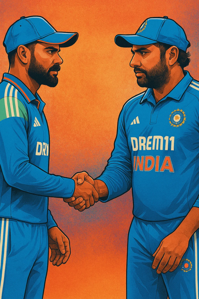 Rohit Sharma white-ball captaincy handshake with Virat Kohli illustration in Indian cricket jerseys