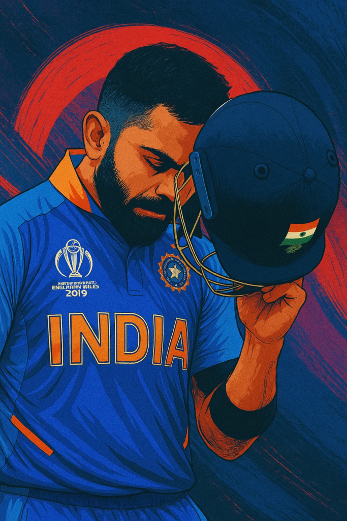 2019 World Cup Semifinal Loss Reaction illustrated as an Indian cricketer bows his head while holding his helmet in a gesture of respect and emotion.