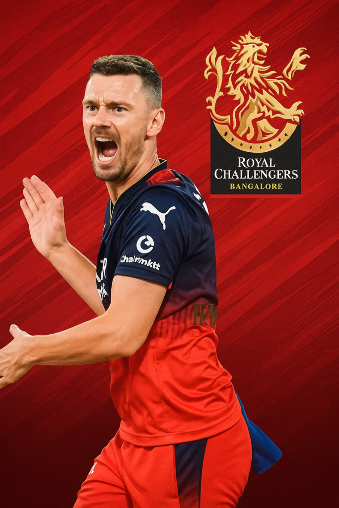 Josh Hazlewood RCB IPL 2025 fast bowler celebrates wicket in Royal Challengers Bengaluru jersey