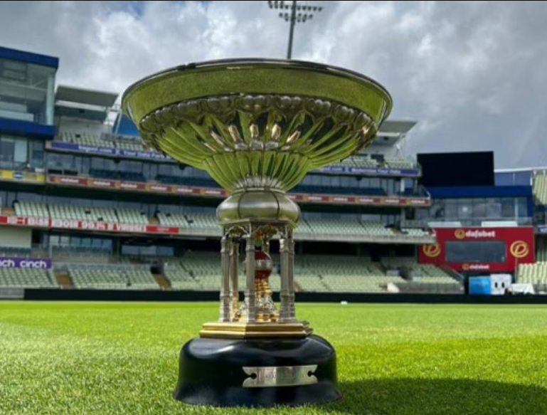 Anderson-Tendulkar Trophy placed on the cricket field at Edgbaston Stadium, symbolizing the Test series between England and India.